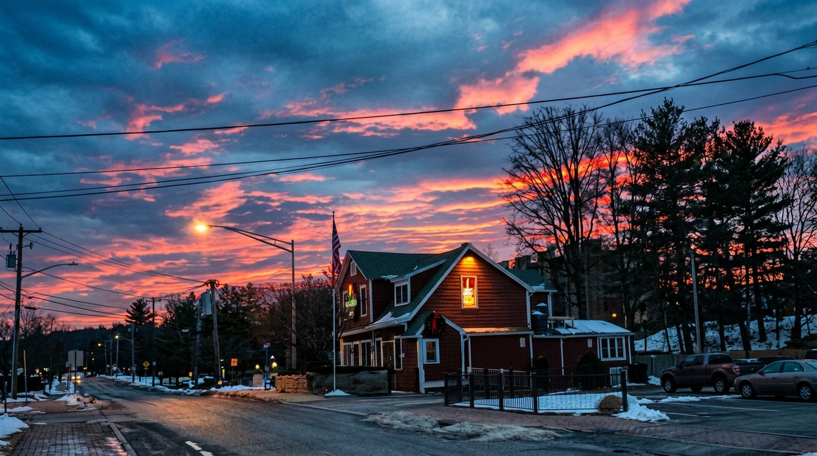 The Candlelight Inn red barn on Central Park Avenue at sunset in Scarsdale