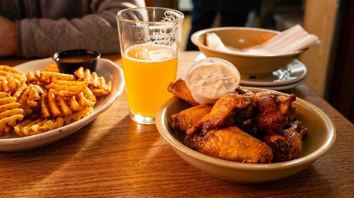 A table spread of wings, waffle fries and a cold beer at Candlelight Inn