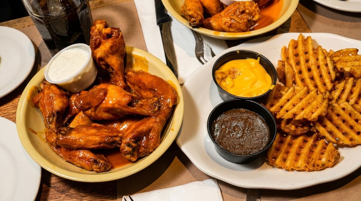 Plates of saucy chicken wings with ranch, waffle fries with cheese sauce and BBQ sauce.