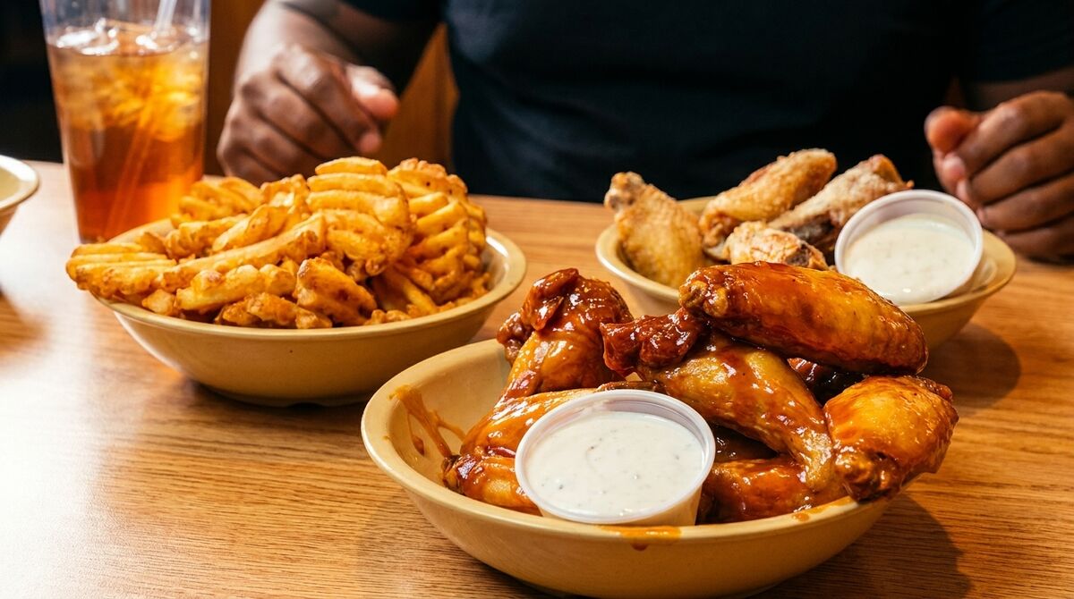 Bowls of waffle fries, plain wings, and BBQ wings with ranch on a wooden table.