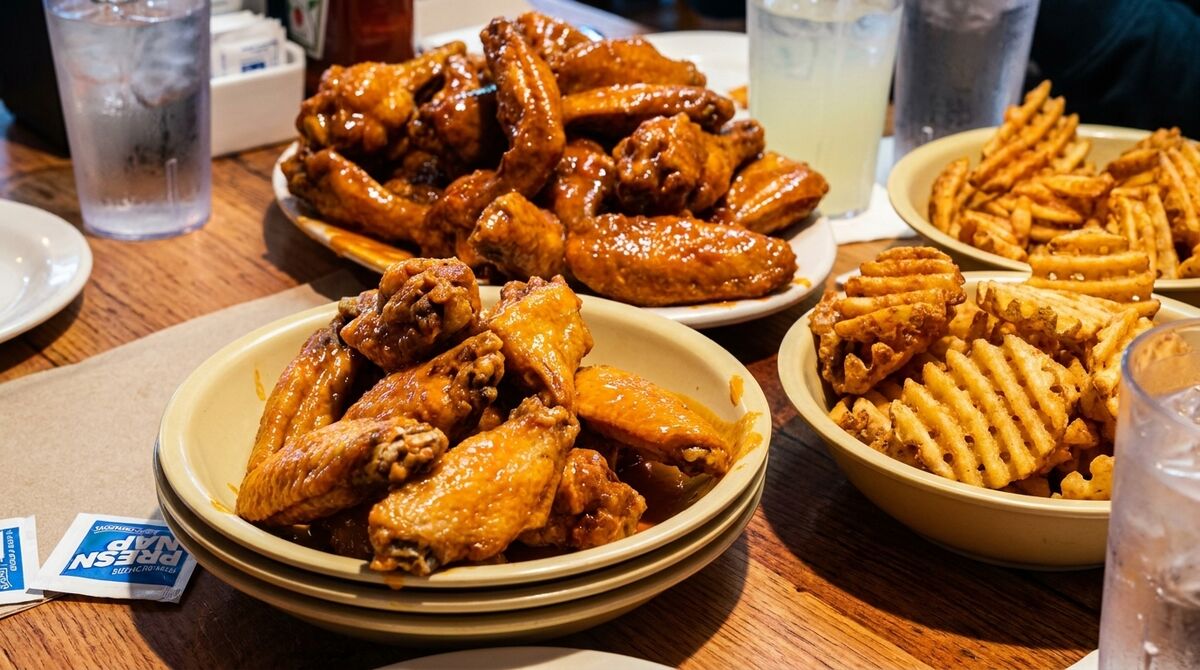 Plates of saucy chicken wings and bowls of waffle fries on a wooden table.